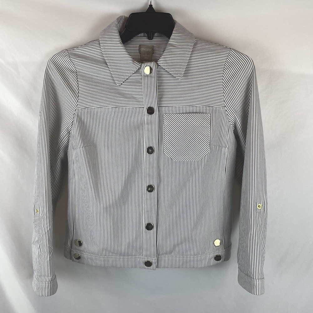 Chico's Striped Button Up Jacket Blazer Size 0  US 4/6 White Blue Striped